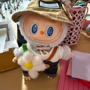 Cute Plush Doll with Hat and Overalls